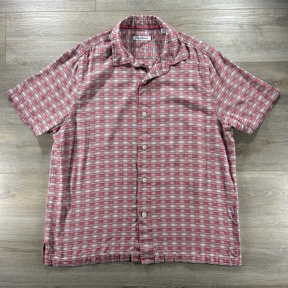 Tommy Bahama XL Pink Silk Plaid Short Sleeve Button Up Retro Groovy Beach - Picture 2 of 10